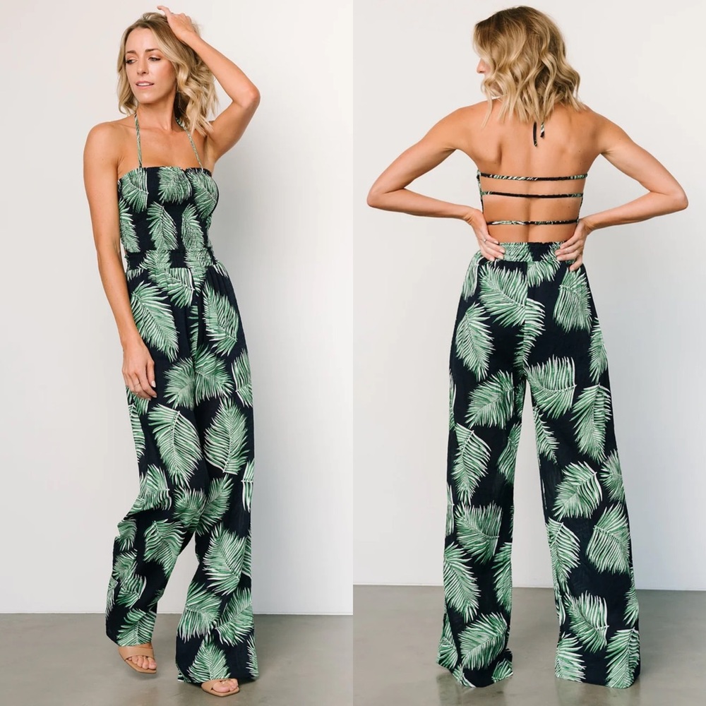 Baltic Born Black Jumpsuit with Green Palm Print